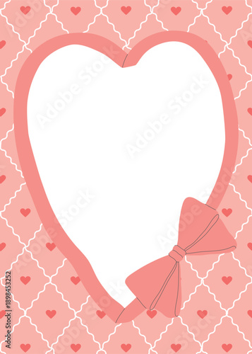Heart shaped frame with bow on a pink pattern background. Template for greeting card, invitation, poster, banner, gift certificate.