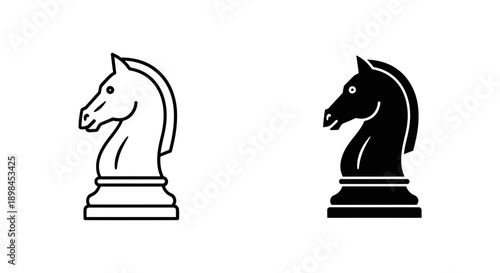 Chess knight piece icon in outline and silhouette, symbolizing strategy, intelligence, and games.