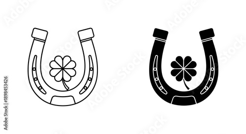 Lucky horseshoe with a four-leaf clover inside, in outline and silhouette, symbolizing good luck and St. Patrick's Day.