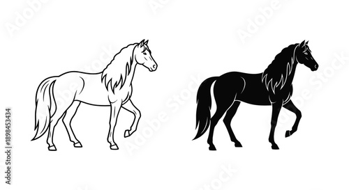 Elegant horse in a proud walking stance, shown in outline and silhouette, representing grace and nobility.