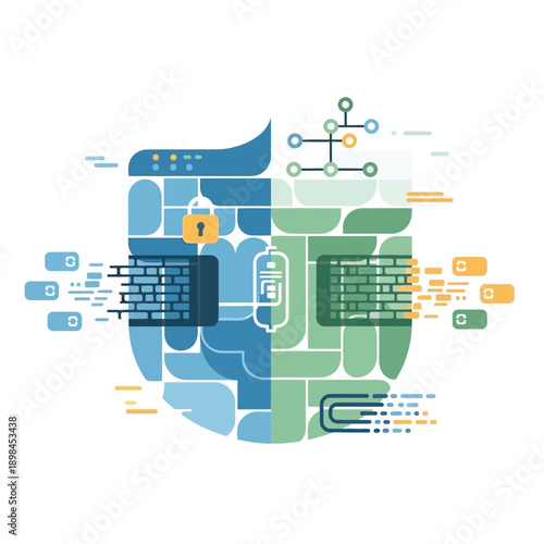 Digital security shield with coding elements.
