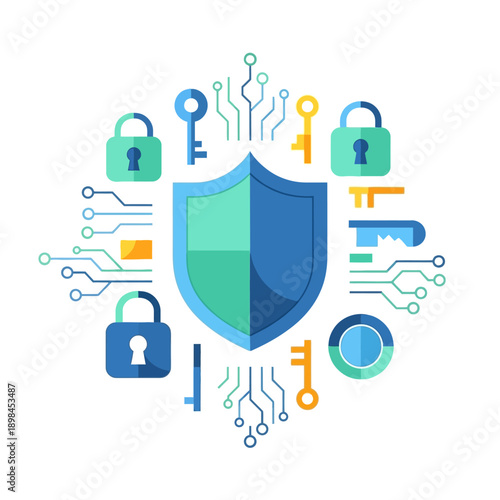 Digital Security Shield with Locks Keys.