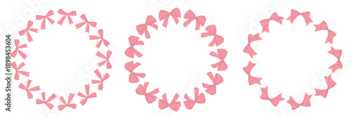 Set of circle frames with pink bows. Design elements for greeting card, invitation, poster, banner, gift certificate.