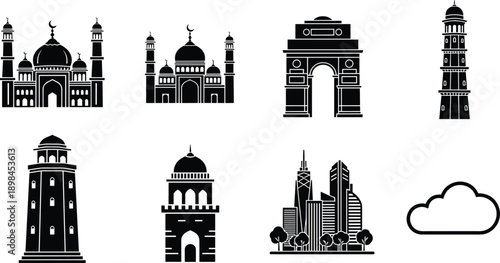 Set of eight minimalist black and white architectural icons featuring mosque, India Gate, Islamic towers, modern cityscape, and simple weather icons