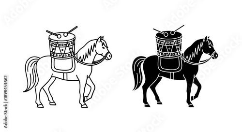 Horse with drum icon, traditional parade decoration, rhythmic symbol, vector art