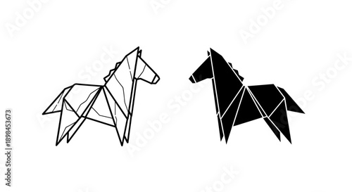 Geometric origami horse illustration and silhouette, showcasing a modern, creative, and artistic representation of the animal.