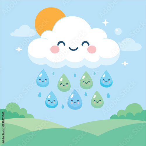 Cute flat vector illustration of a smiling cloud raining happy water drops over green hills. 