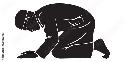 Man in silhouette sitting on a prayer mat with hands raised in a gesture of supplication or prayer on a white background with Islamic and Muslim,pro