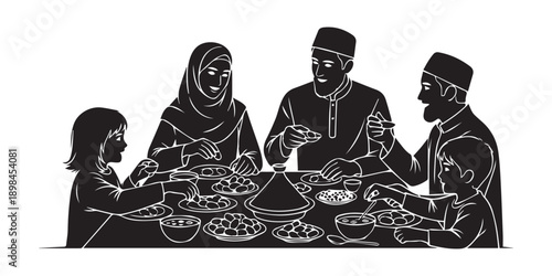 Muslim family enjoying iftar meal together during Ramadan on White background,Family iftar together vector icon black silhouette white background ,black,pro