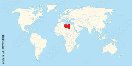 World map illustration with Libya territory highlighted in red on cream and blue background isolated