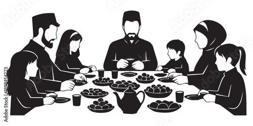 Muslim family enjoying iftar meal together during Ramadan on White background,Family iftar together vector icon black silhouette white background ,black,pro