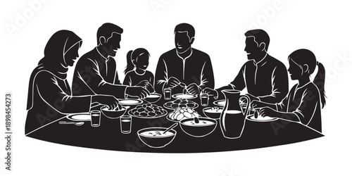 Muslim family enjoying iftar meal together during Ramadan on White background,Family iftar together vector icon black silhouette white background ,black,pro
