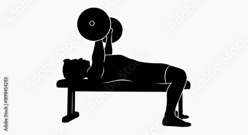 Silhouette of a man doing a bench press with a barbell on a flat bench.