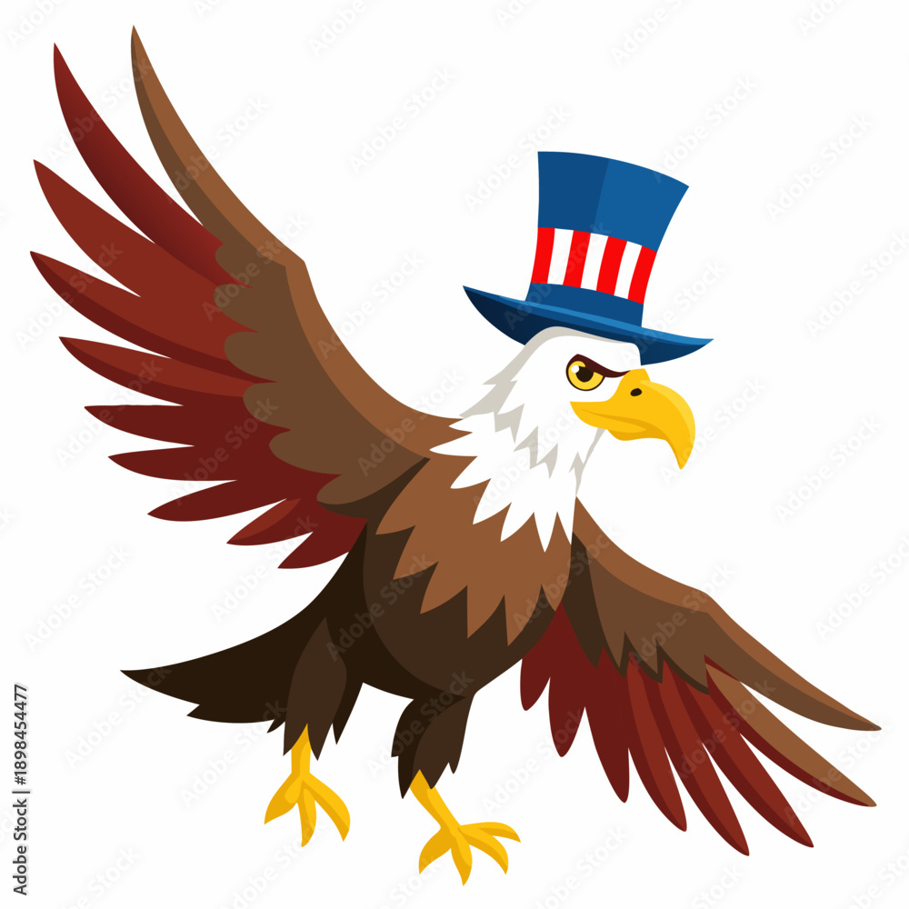 Fototapeta premium American Bald Eagle flying wearing an Uncle Sam hat celebrating Independence Day USA on 4th of July. Patriotic American Symbol of Freedom and Strength.Vector colorful illustration on white background