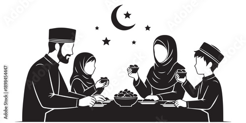 Muslim family enjoying iftar meal together during Ramadan on White background,Family iftar together vector icon black silhouette white background ,black,pro