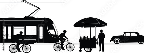 Minimalist Urban Street Scene Silhouette Featuring Modern Tram, Cyclist, Street Vendor Cart with Umbrella, and Classic Car on White Background
