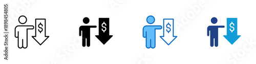 Income Reduction Multiple Style Icon Design Vector - Person with dollar arrow down representing salary decrease, income reduction, and personal financial pressure