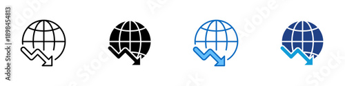 Global Downturn Multiple Style Icon Design Vector - Globe with downward arrow representing economic slowdown, international decline, and global impact