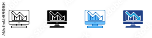 Low Performance Multiple Style Icon Design Vector - Monitor with declining line chart representing weak performance, reduced productivity, and negative business results