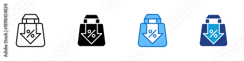 Price Discount Multiple Style Icon Design Vector - Shopping bag with percentage arrow down representing retail discount, price reduction, and promotional savings