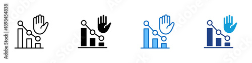 Risk Control Multiple Style Icon Design Vector - Bar chart with connected line and raised hand representing risk prevention, compliance stop, and intervention