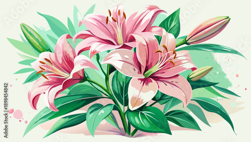 Very beautiful watercolor artwork of pink lily flowers with green leaves, painted in soft pastel tones, expressing romance, elegance, and gentle botanical beauty.
