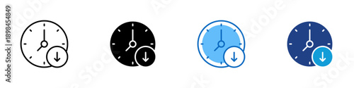 Time Reduction Multiple Style Icon Design Vector - Clock with downward arrow representing time decrease, deadline pressure, and faster processing