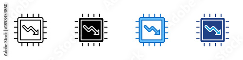 Chip Downtrend Multiple Style Icon Design Vector - Microchip with falling graph arrow representing hardware slowdown, processing drop, and system performance loss