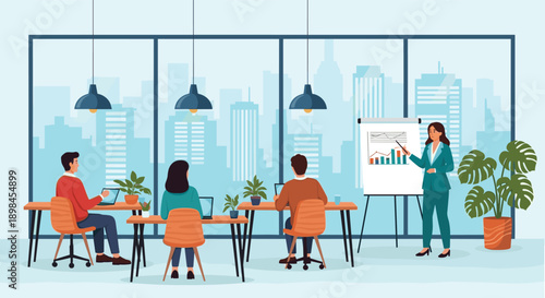 Modern office interior illustration with business people collaborating, woman presenting on flip chart, city skyline view, minimalist workspace, teal orange decor