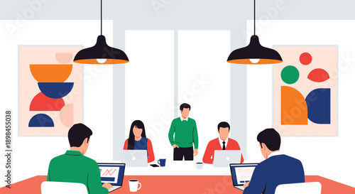 Modern Shared Office Workspace Illustration, Minimalist Flat Design, People Working at Laptops on Coral Desk, Professional Coworking Scene, Vector Art