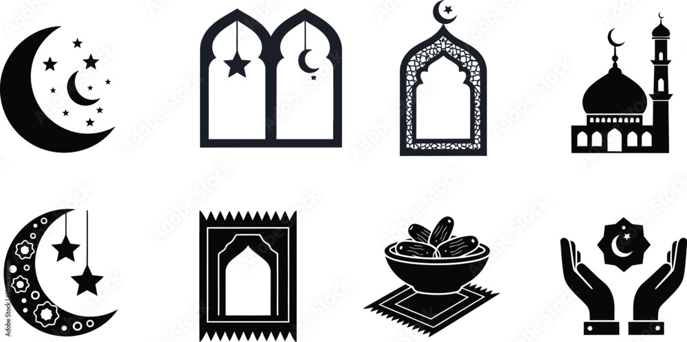 Naklejka premium Islamic Ramadan Symbols Including Moon Mosque Windows And Prayer Mat muslim