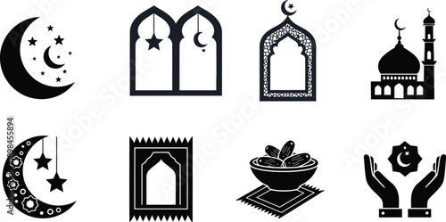 Islamic Ramadan Symbols Including Moon Mosque Windows And Prayer Mat muslim