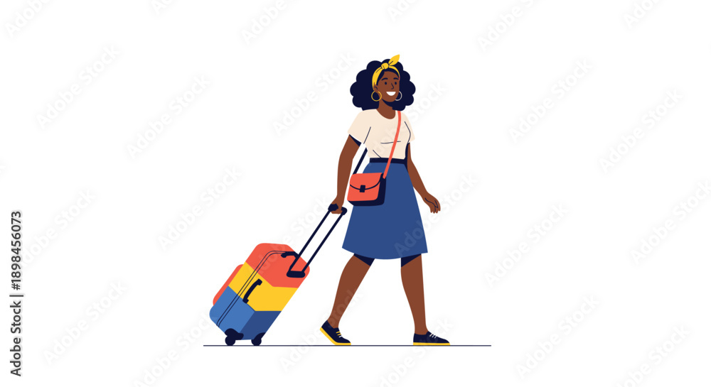 Fototapeta premium Confident young woman walking and pulling a bright colorful rolling suitcase while traveling alone on a white background.