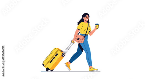 Happy female traveler walking with a bright yellow suitcase and holding a cup of coffee while heading to trip.
