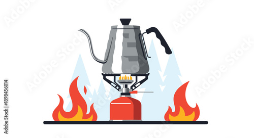 Portable camping stove with a metal kettle boiling water over an open flame during an outdoor trip in nature.