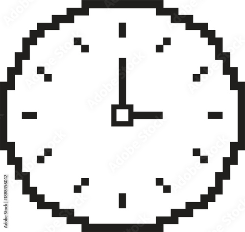 Retro Pixel Art Wall Clock Icon. Black and White 8-Bit Analog Watch Silhouette with Hour and Minute Hands for Gaming UI and Vintage Computer Interface
