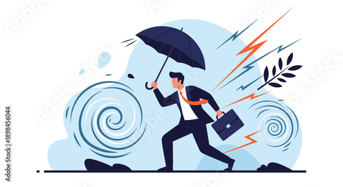 Businessman struggling to walk through a powerful storm with a broken umbrella while holding his black bag.