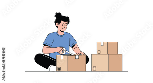 Young woman sitting on the floor while packing cardboard boxes with adhesive tape for moving to a new house.
