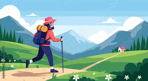 Female traveler with a backpack and trekking poles hiking on a path through a beautiful green mountain range.