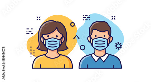 Young couple wearing protective medical face masks to prevent the spread of viruses shown in a clean flat illustration style.