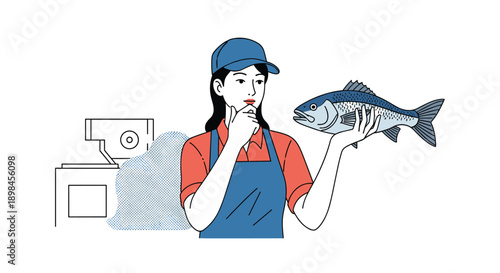 Professional female worker in a blue apron and cap holding a fresh raw fish while working in a seafood market or kitchen.