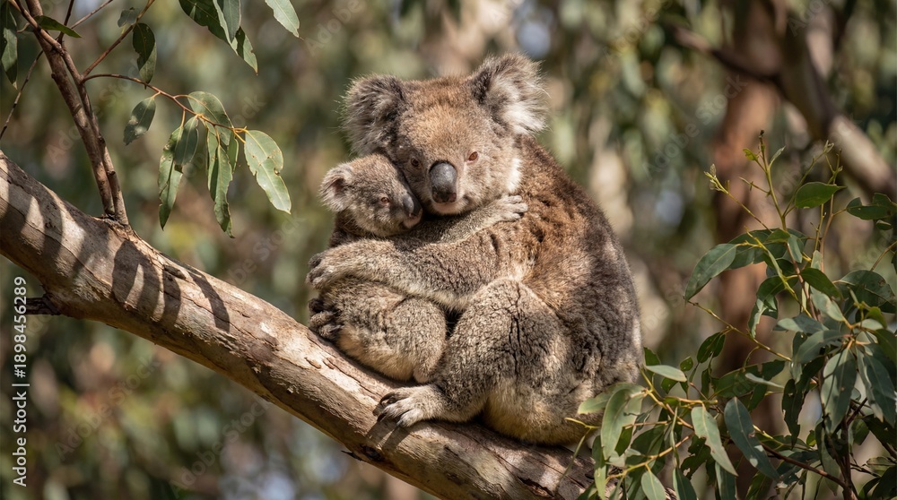 Fototapeta premium Adorable Koala Mother and Baby Joey Cuddling Together in a Eucalyptus Tree Branch