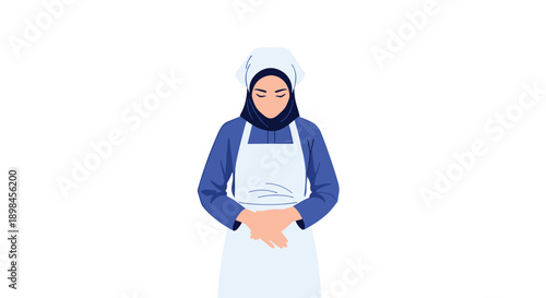 Respectful woman wearing a blue headscarf and a white apron bowing her head in a polite gesture on a clean white background.