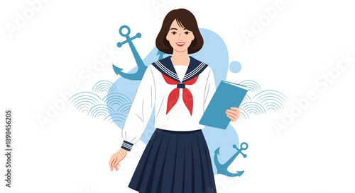Smiling Japanese high school girl in a traditional sailor uniform holding a blue folder with nautical anchor icons behind her.