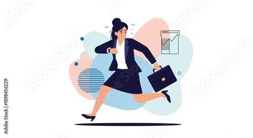 Stressed businesswoman in a formal suit running quickly and looking at her watch because she is late for an important meeting.