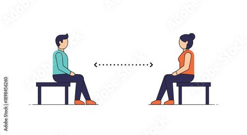 Man and woman practicing social distancing by sitting far apart on separate benches with an arrow indicating the safe distance.