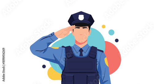 Brave police officer in a blue uniform and bulletproof vest saluting respectfully against a colorful abstract circle background.