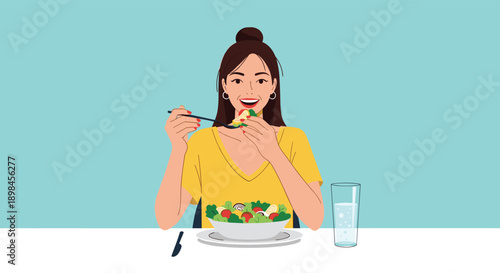 Happy young woman sitting at a table and enjoying a fresh green salad with various vegetables for a healthy balanced diet.