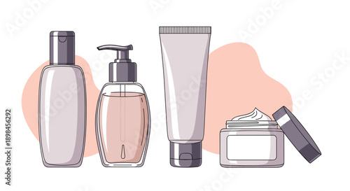 Collection of various skincare and cosmetic containers including a pump bottle a tube and a jar on a soft pink background.