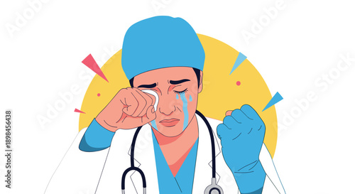 Female healthcare professional in blue scrubs and white coat wipes tears while crying due to emotional stress or exhaustion.